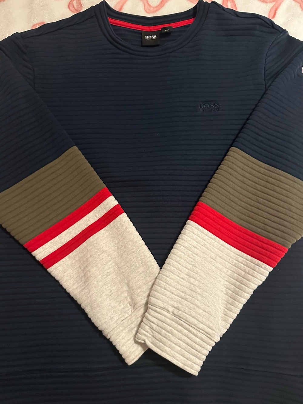 Boss Navy Crewneck Sweater with Olive, Red and Light Gray Sleeves